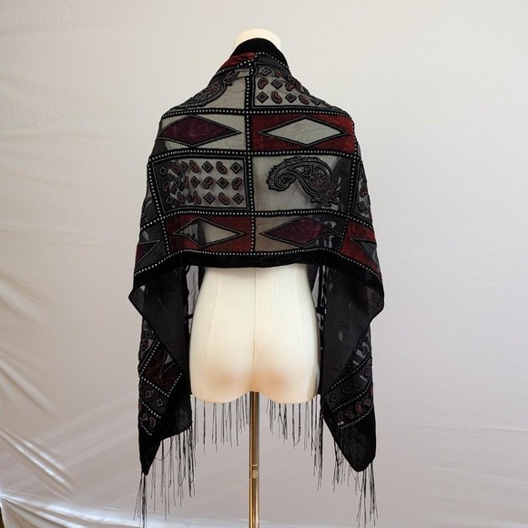 Vintage 90s Silk Viscose Paisley Geometric Fringe Shawl - Picture 2 of 5